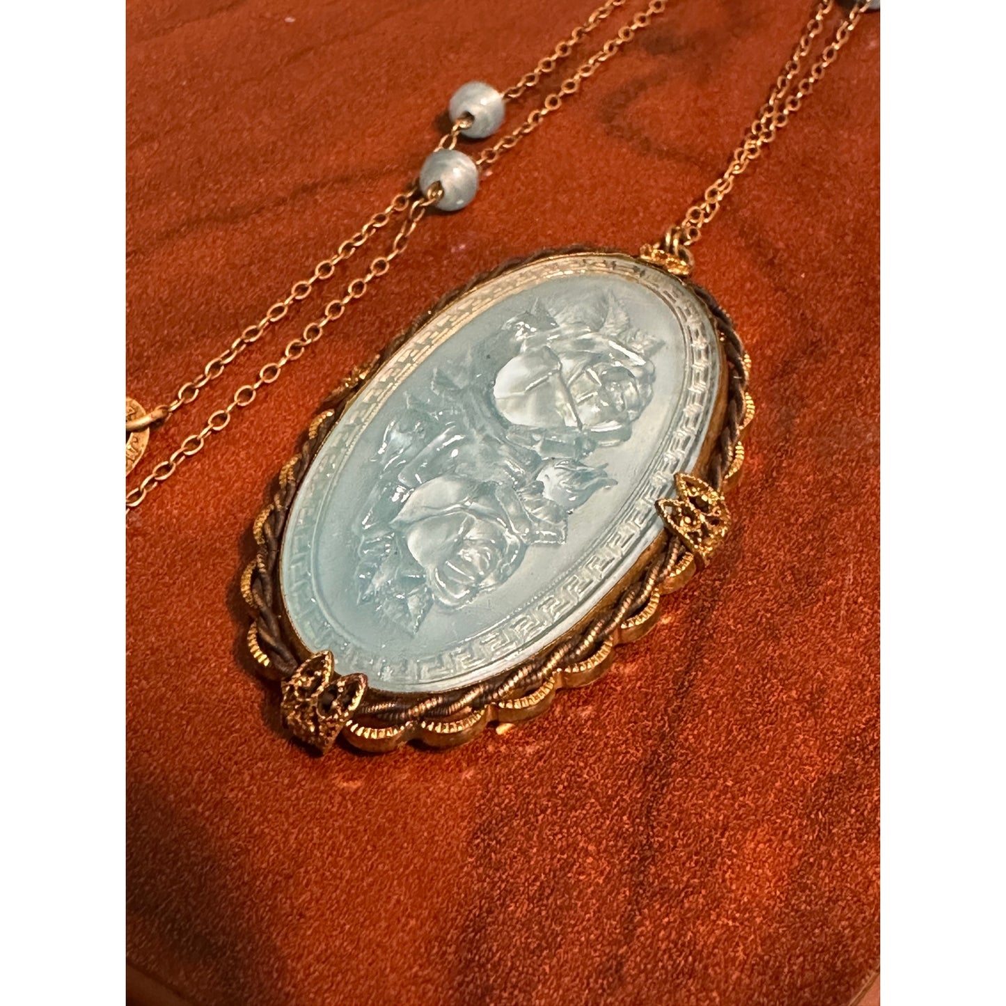 Vintage Czech Molded Glass Floral Pendant Necklace Made in Czechoslovakia