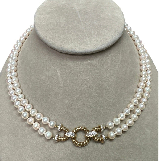 Vintage 14K 585 Gold Akoya 6mm Pearl Necklace Diamond Rope Clasp Double Strand