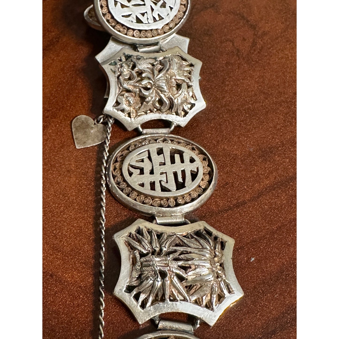 Antique Chinese Export Silver Repousse Four Seasons Panel Bracelet 6 7/8”