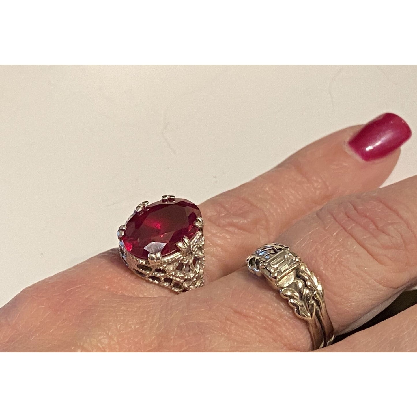 Sterling Silver Art Deco Style Red Stone Filigree Ring Size 7