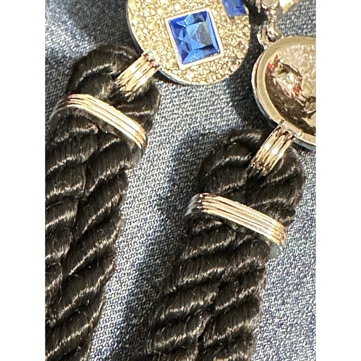 YSL Yves Saint Laurent Blue Crystal Statement Necklace Black Cord Silver Logo