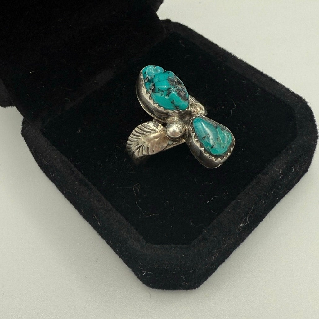 Vintage Turquoise w/ Feather Detail Sterling Silver Native American Ring Size 5