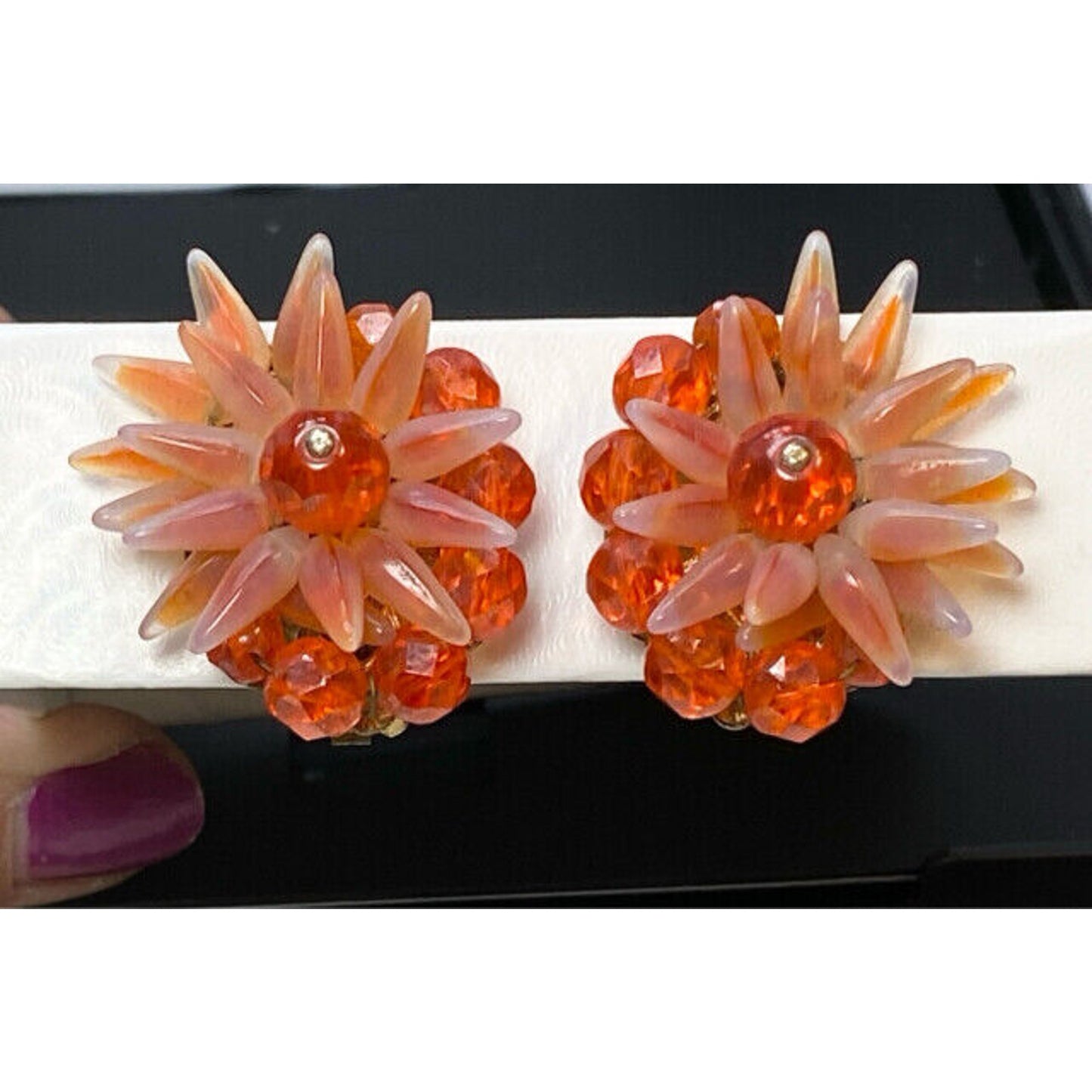Unsigned Haskell Sunset Orange Art Glass Spikey Star Burst Clip Earrings