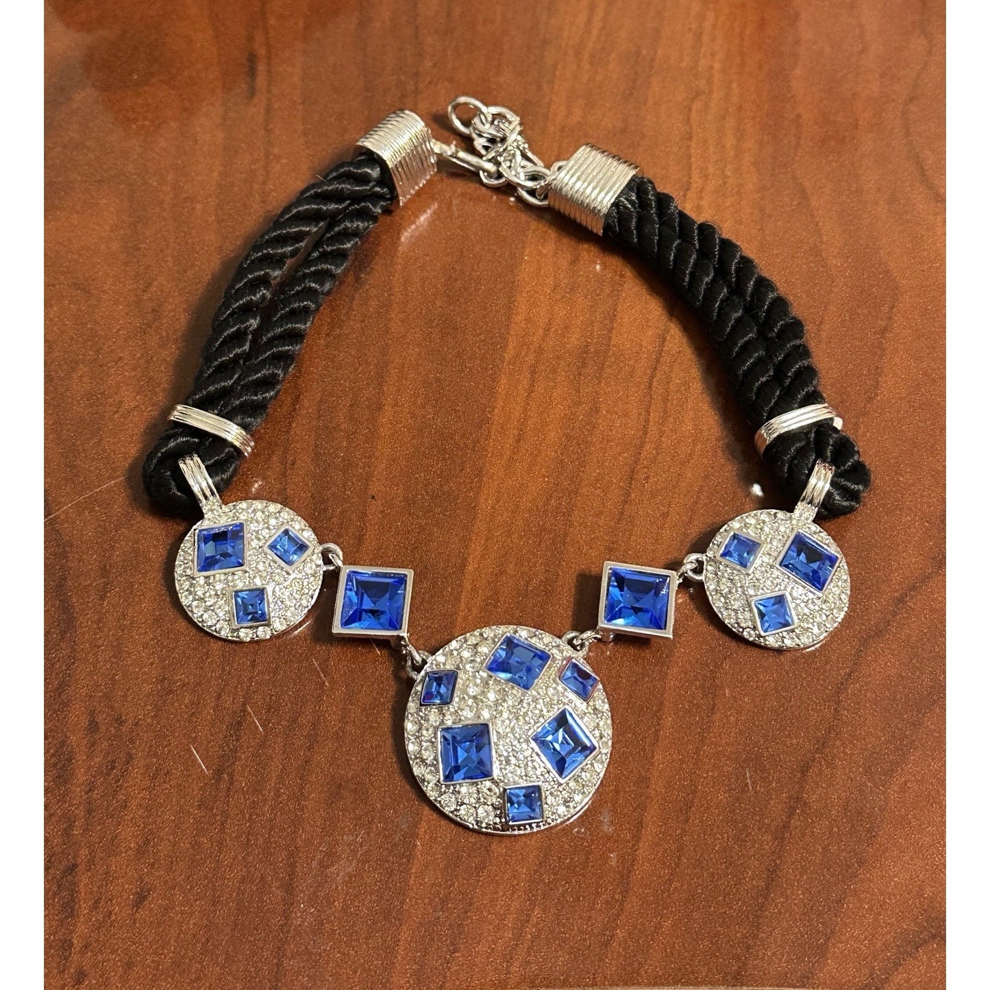 YSL Yves Saint Laurent Blue Crystal Statement Necklace Black Cord Silver Logo