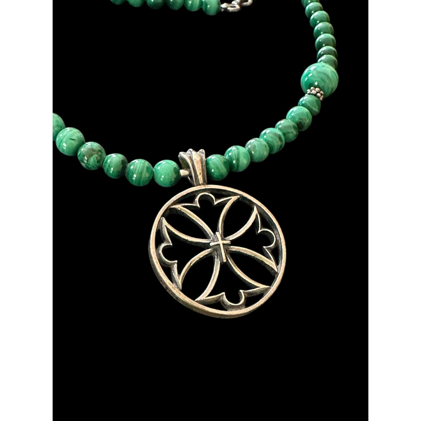 Lovely Malachite Beaded Necklace with Open Work Gothic Celtic CROSS Pendant