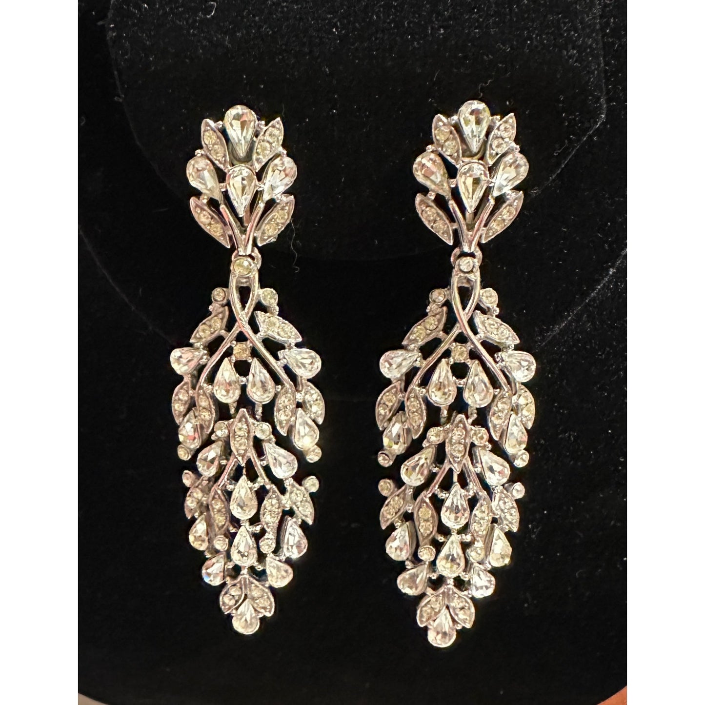 Vintage Crown Trifari Double Segmented Huge Rhinestone Dangle Drop Clip Earrings