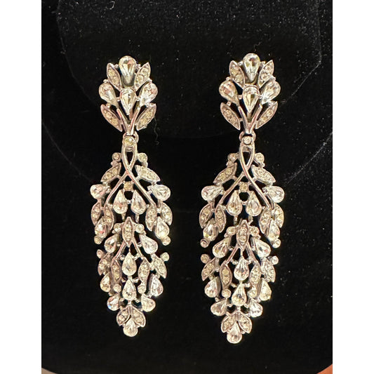 Vintage Crown Trifari Double Segmented Huge Rhinestone Dangle Drop Clip Earrings