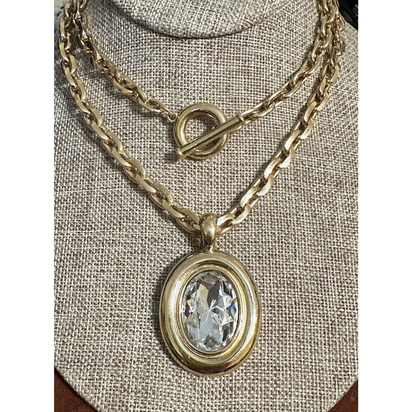 Vintage Givenchy 36” Gold Tone Chain Toggle Necklace w/ Crystal Pendant Signed