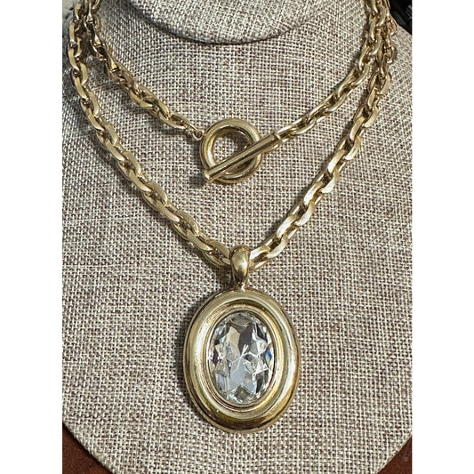 Vintage Givenchy 36” Gold Tone Chain Toggle Necklace w/ Crystal Pendant Signed