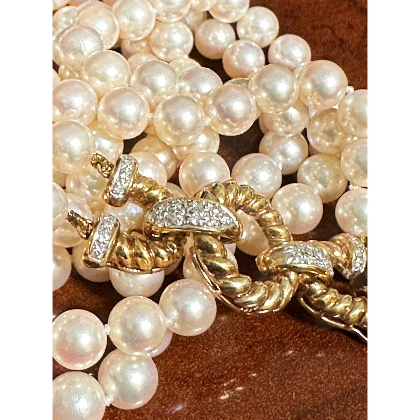 Vintage 14K 585 Gold Akoya 6mm Pearl Necklace Diamond Rope Clasp Double Strand