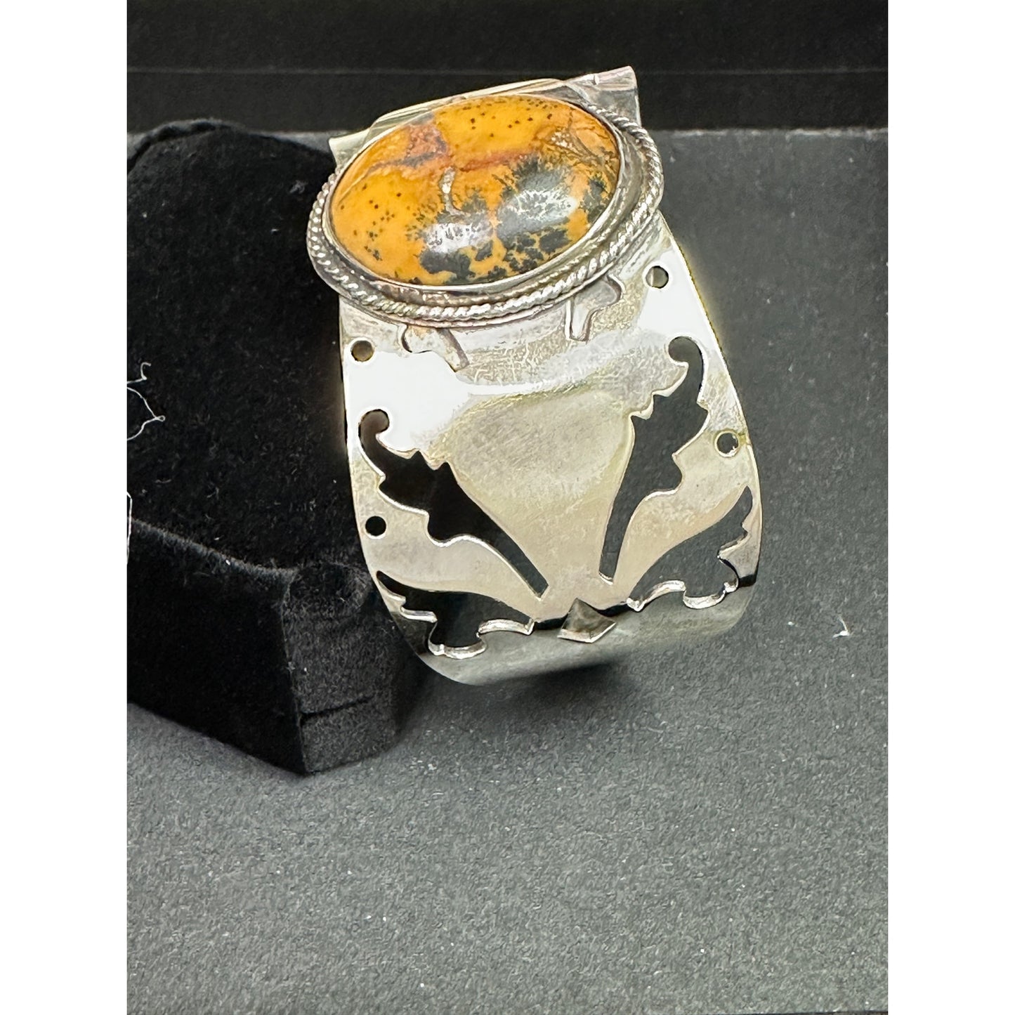 Unique Wide Silver Serving Pieces Cuff Bracelet w/ Jasper Stone - Spoon Bracelet