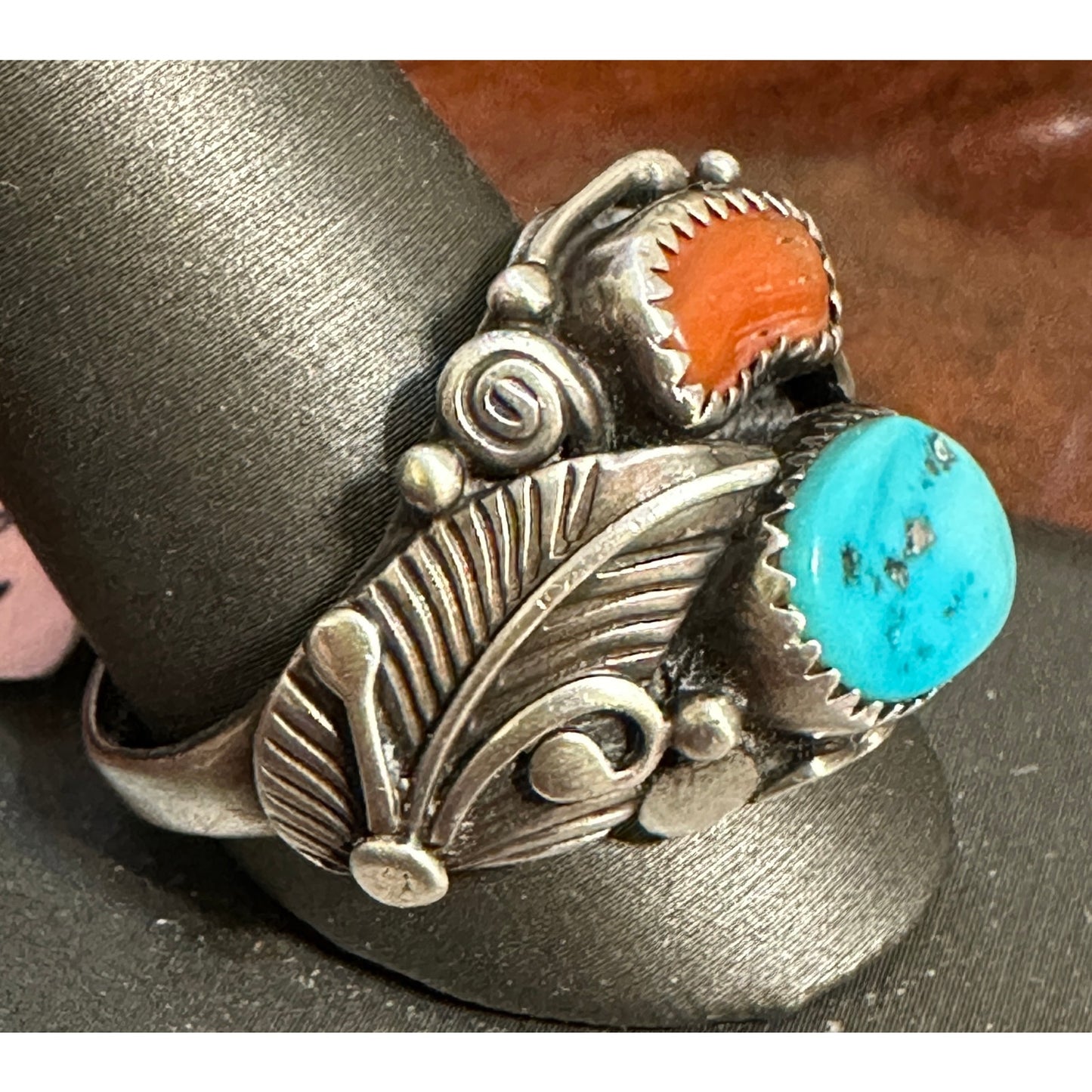 Large Chunky Turquoise Coral Native American Signed Ring Size 12 3/4