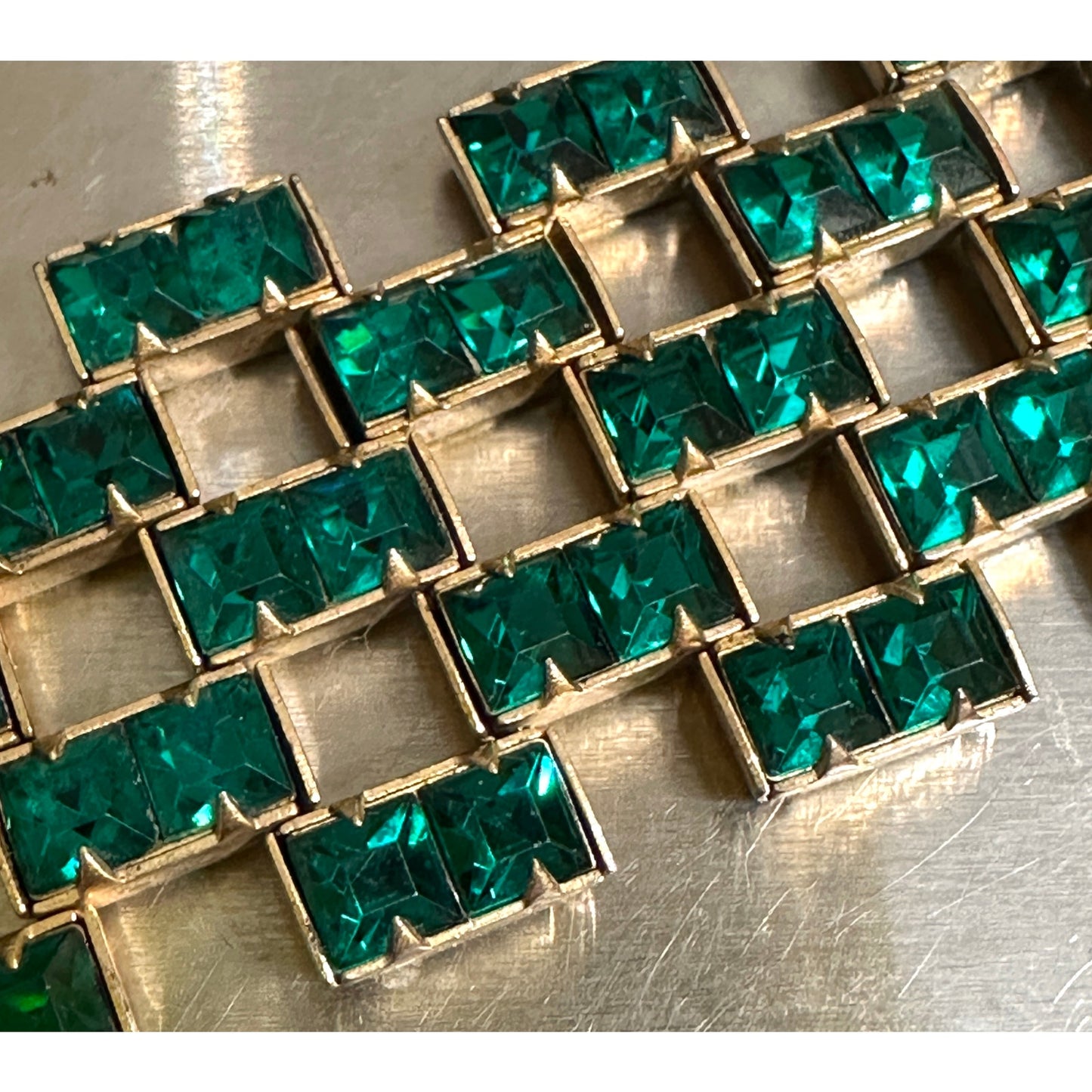 Vintage Green Square Wide Link Bracelet GoldFilled Clasp