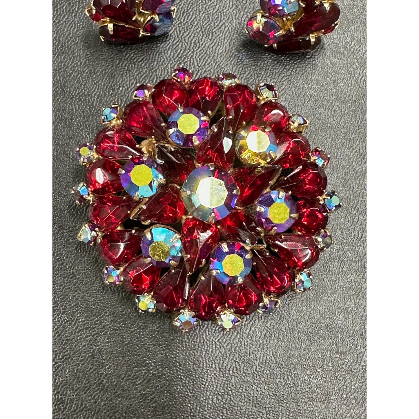 Fabulous Vintage Red Aurora Borealis Rhinestone Brooch & Clip Earrings Set