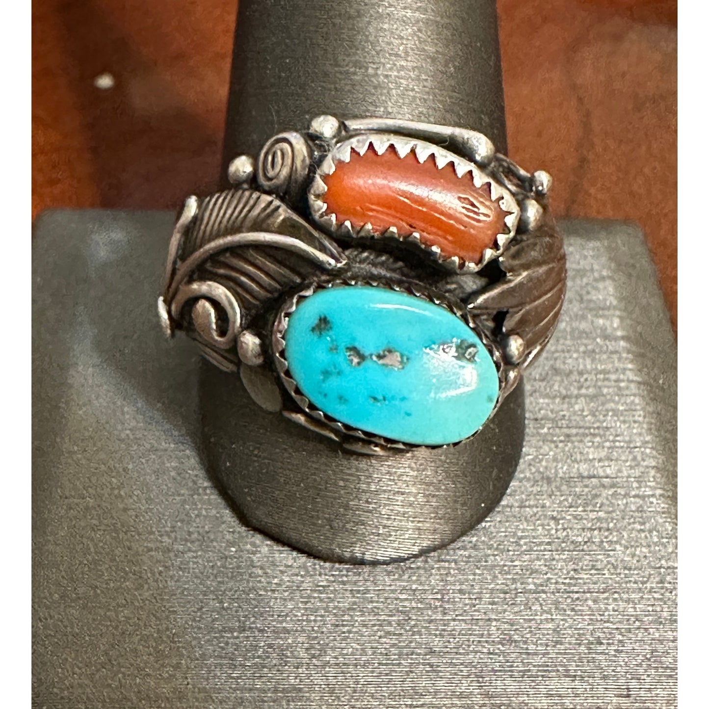Large Chunky Turquoise Coral Native American Signed Ring Size 12 3/4