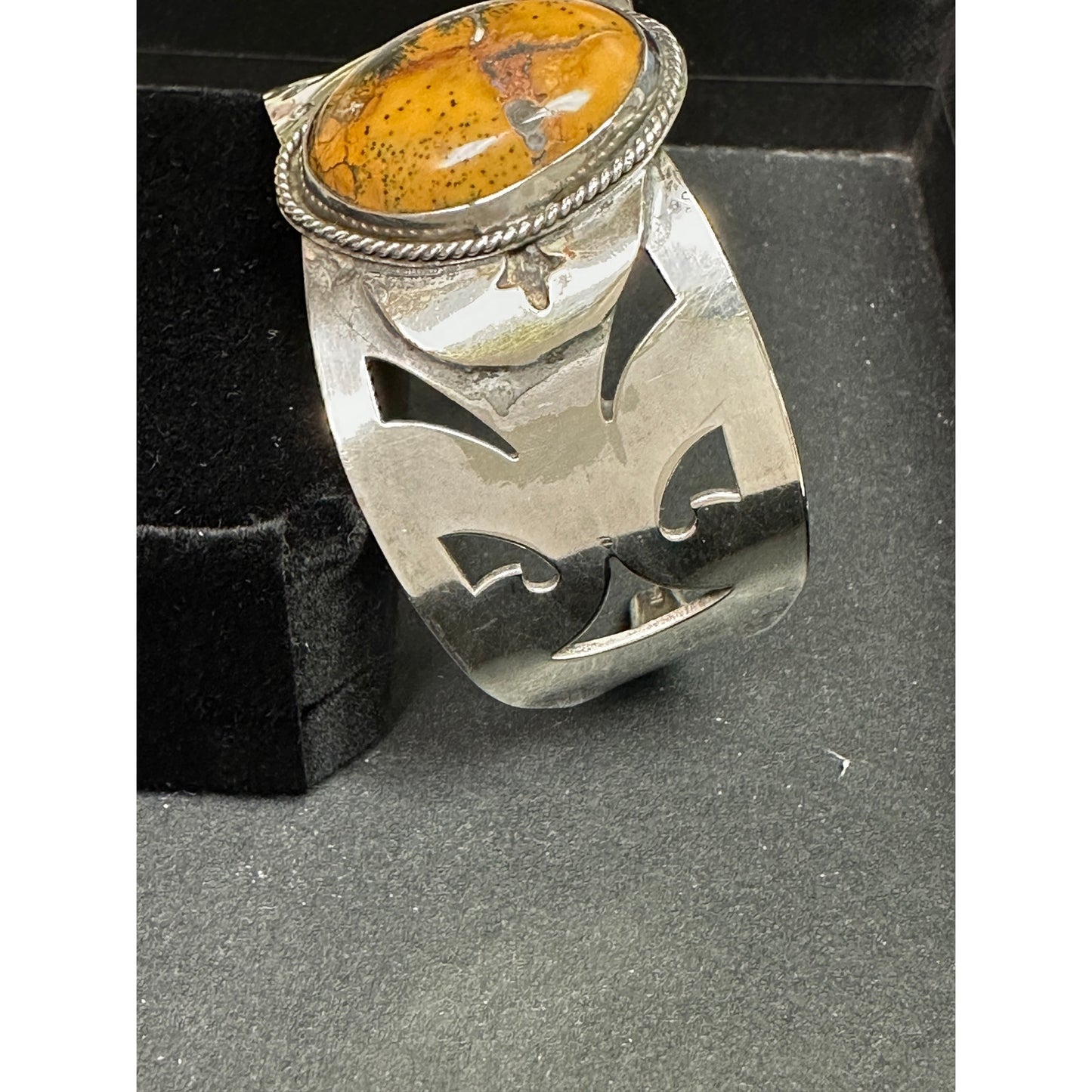Unique Wide Silver Serving Pieces Cuff Bracelet w/ Jasper Stone - Spoon Bracelet