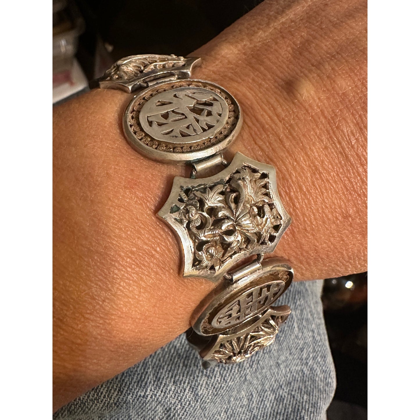 Antique Chinese Export Silver Repousse Four Seasons Panel Bracelet 6 7/8”