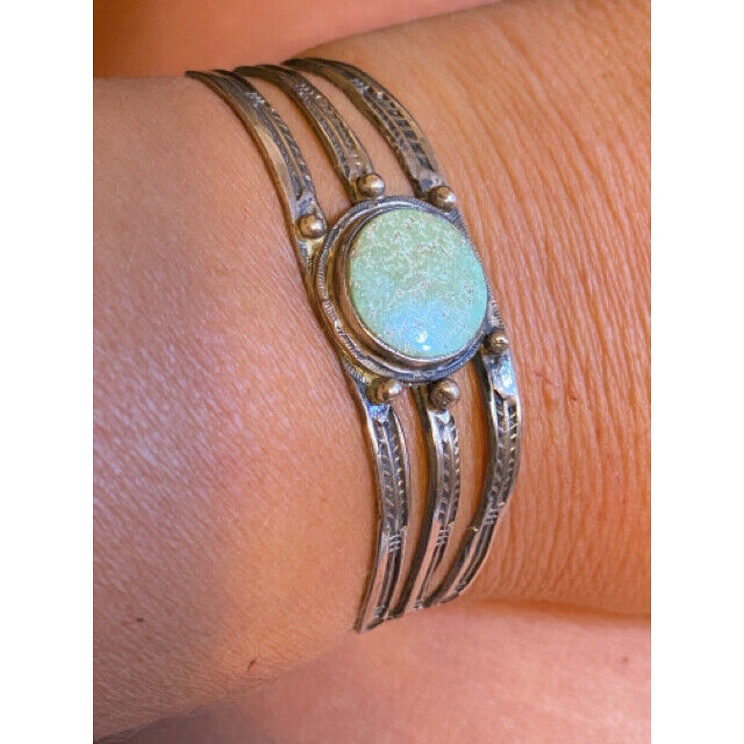 Vintage Sterling Silver Native American Cuff Bracelet with Green Stone
