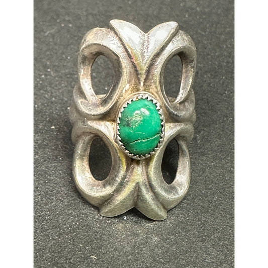 Vintage Sterling Silver Native American Sand Cast Green Turquoise Ring Size 6.25