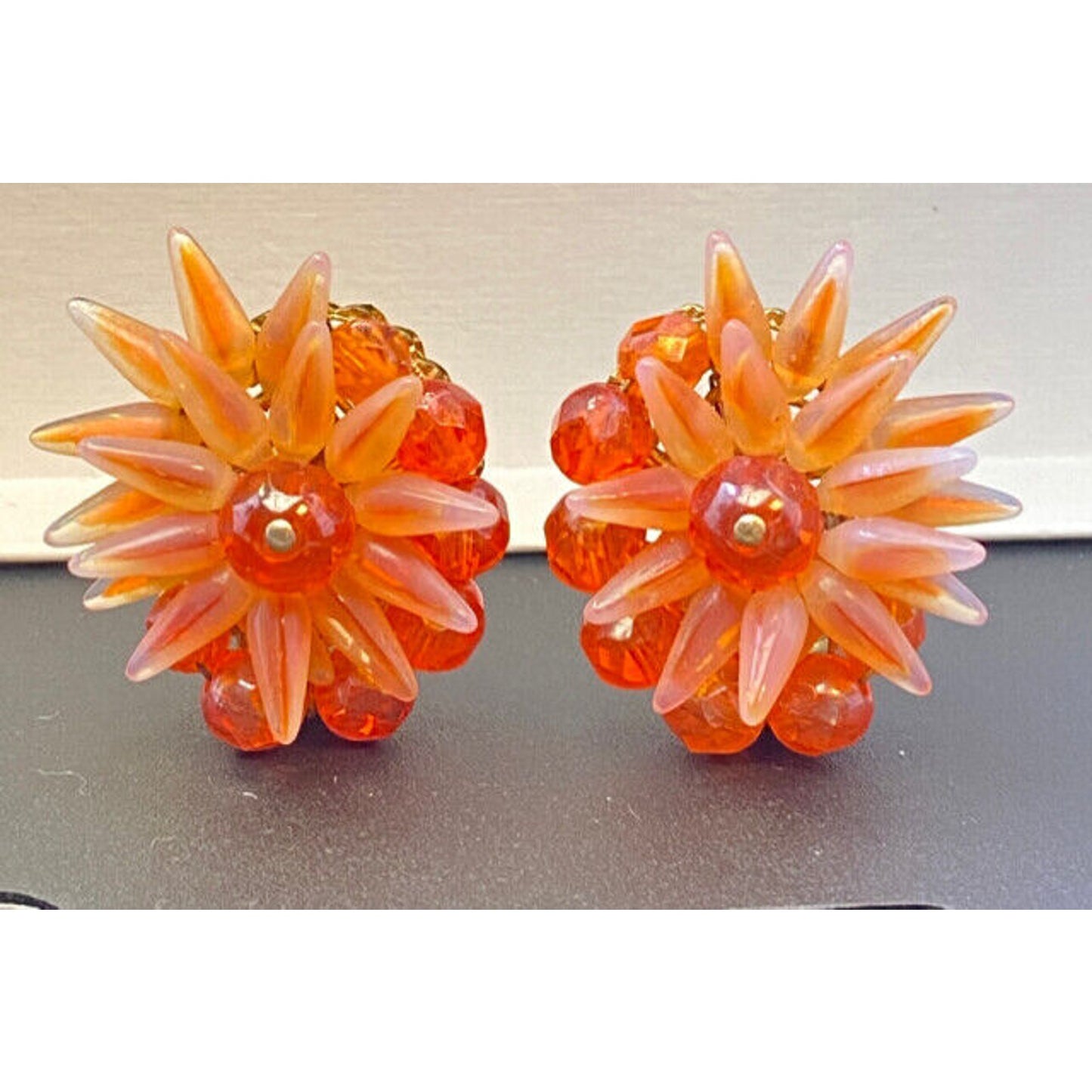 Unsigned Haskell Sunset Orange Art Glass Spikey Star Burst Clip Earrings