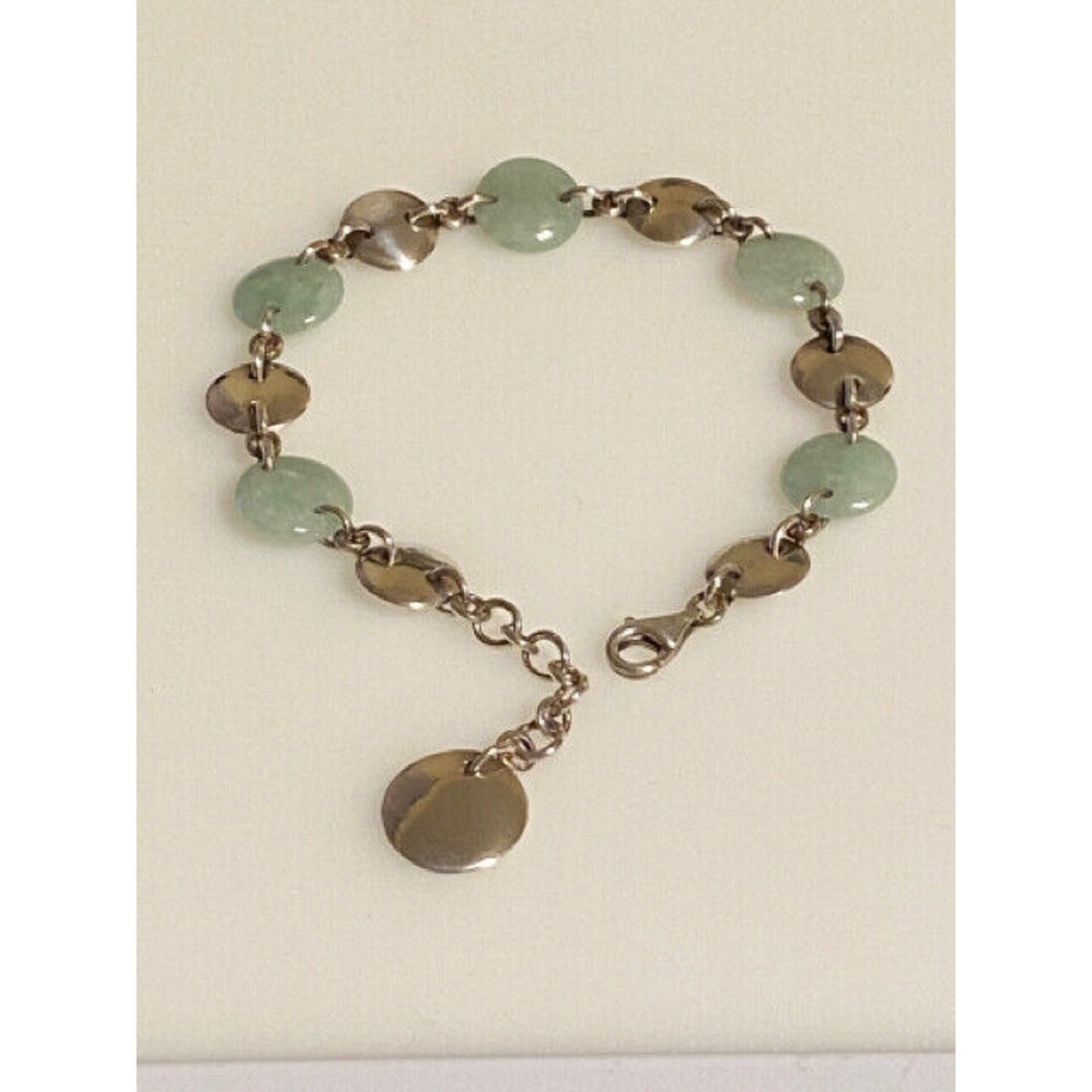 Lovely Sterling Silver Jade Disc Link Bracelet 7-8"