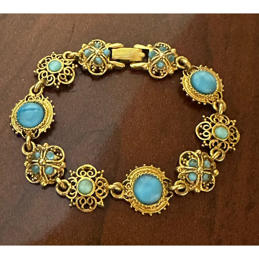Arthur Pepper Signed ART Victorian Style Goldtone Blue Stone Bracelet 7”