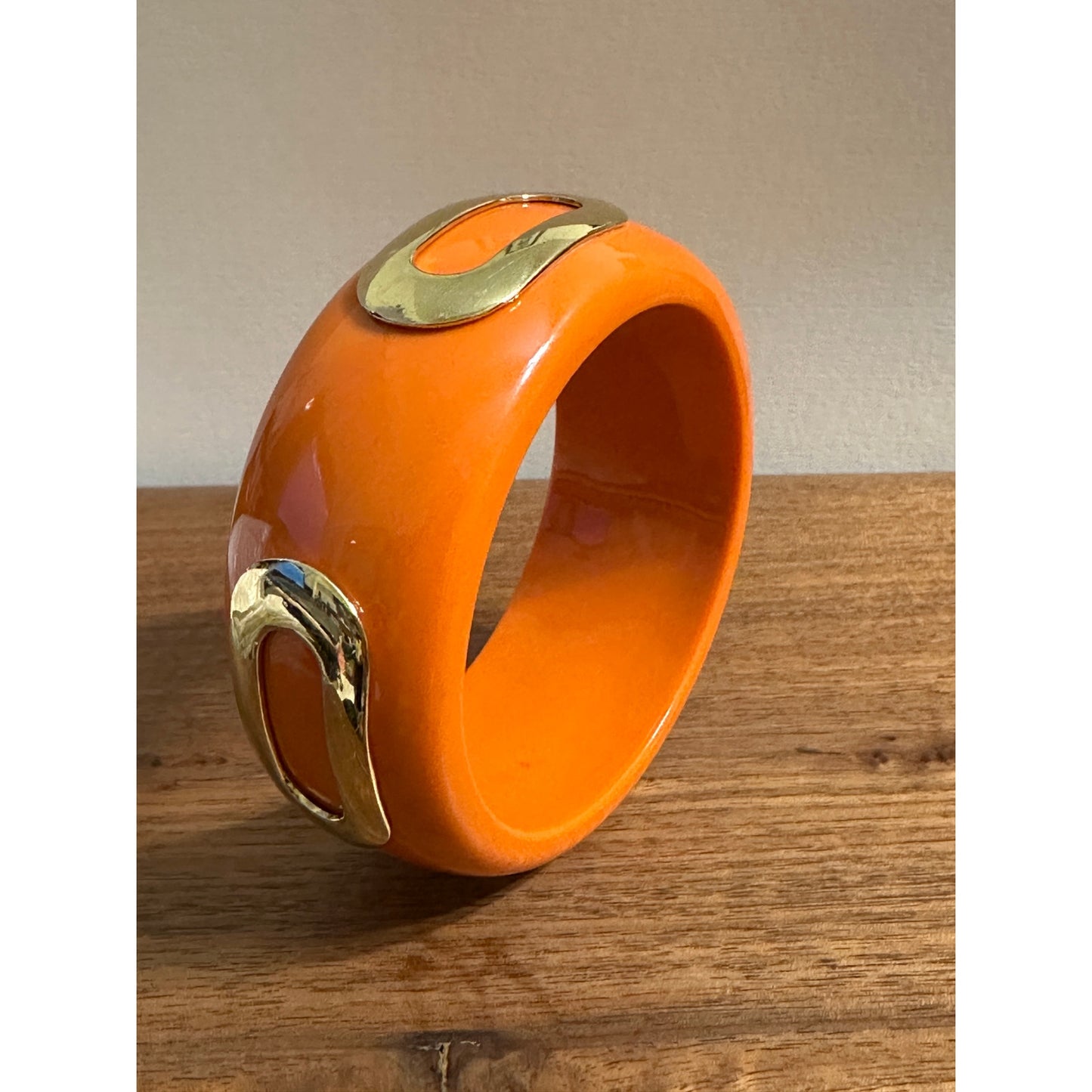 Vintage Mod Orange Resin Bangle Bracelet w/ Raised Gold Tone Overlays Chunky Bold