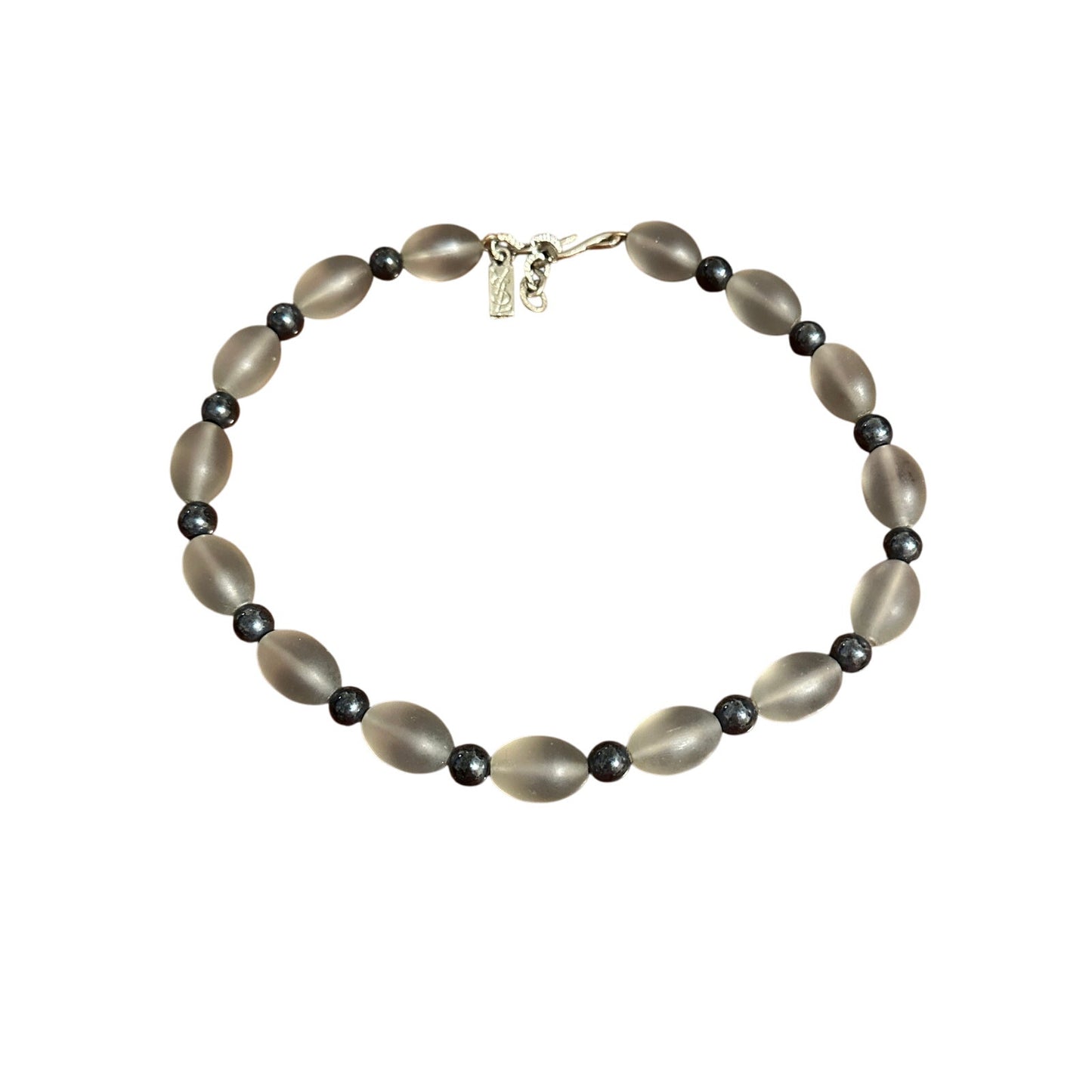 Vintage YSL 17” Frosted Glass Hematite Beaded Necklace Yves Saint Laurent