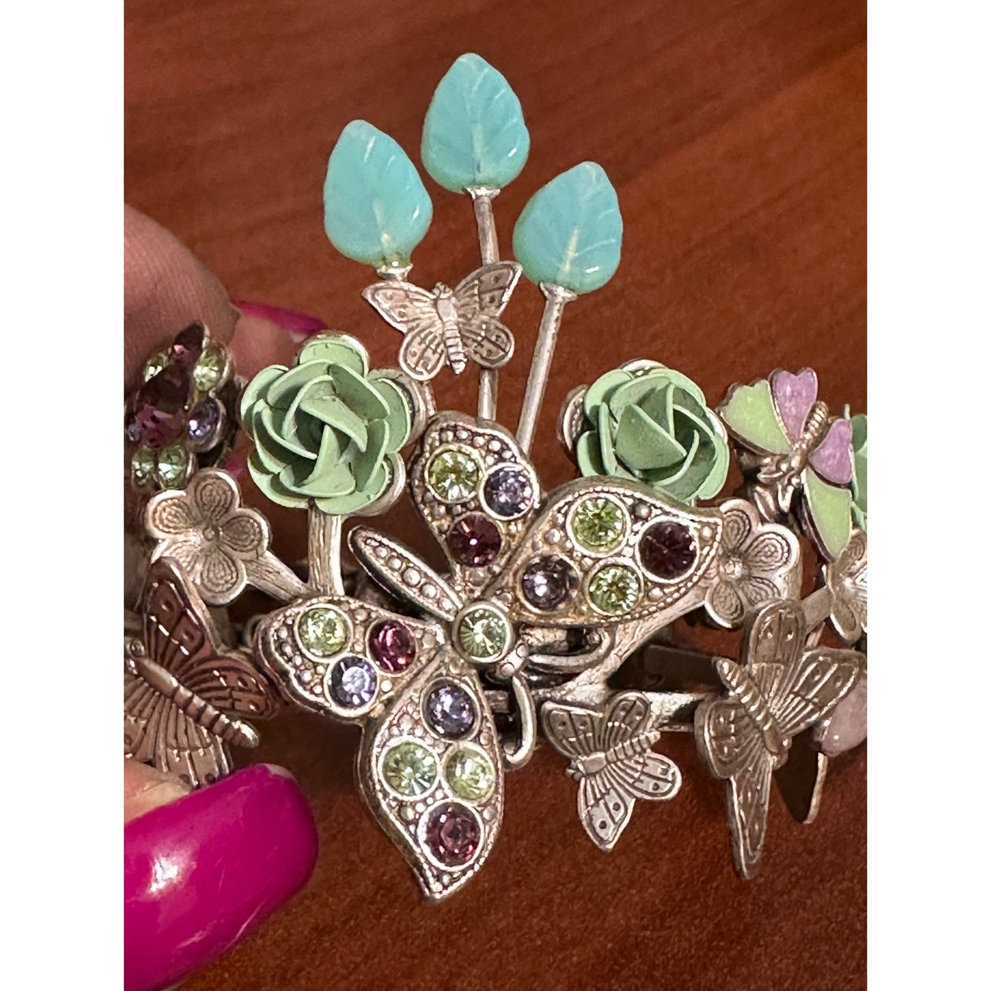 Mary DeMarco Butterfly Floral Garden Cuff Bracelet Rhinestone Resin Flowers