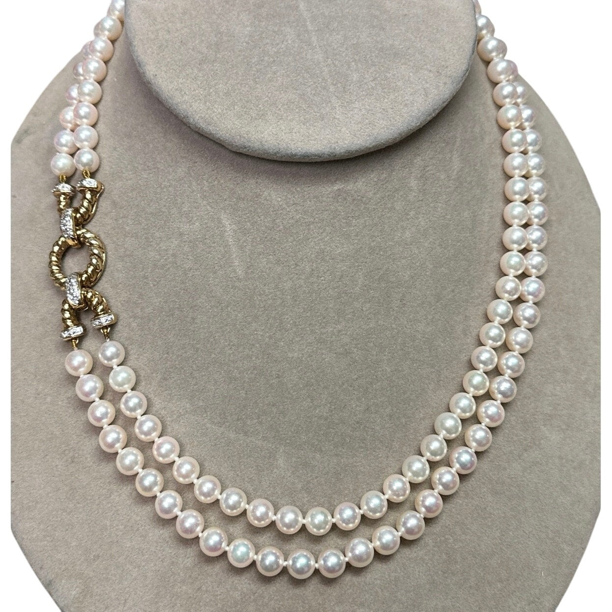 Vintage 14K 585 Gold Akoya 6mm Pearl Necklace Diamond Rope Clasp Double Strand