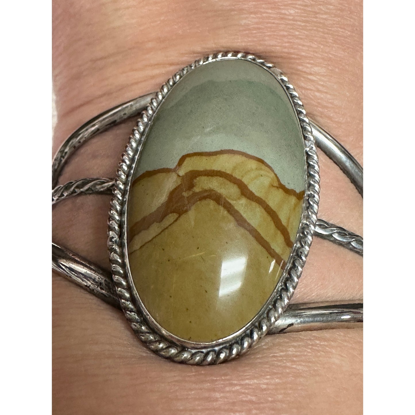 Vintage Wide Sterling Silver Native American Picture Jasper Cuff Bracelet