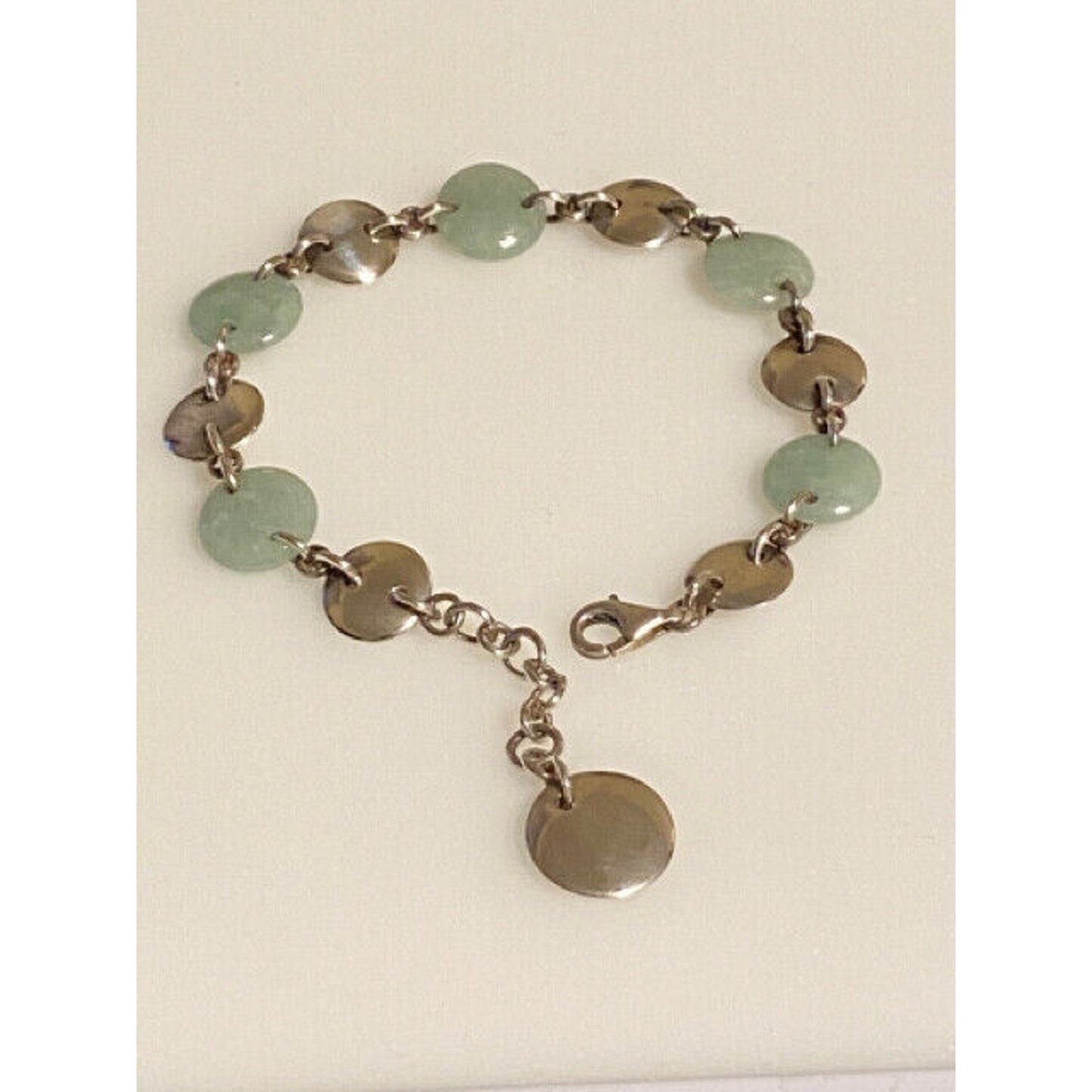 Lovely Sterling Silver Jade Disc Link Bracelet 7-8"