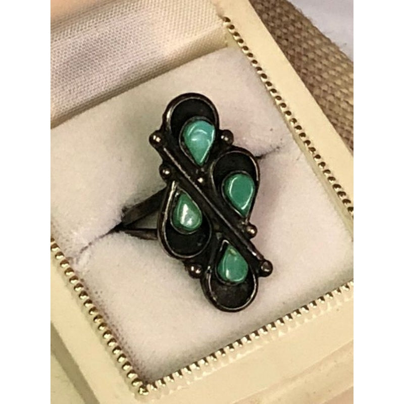 Vintage Sterling Turquoise Native American Tear Drop Shadowbox Ring Signed 6.75
