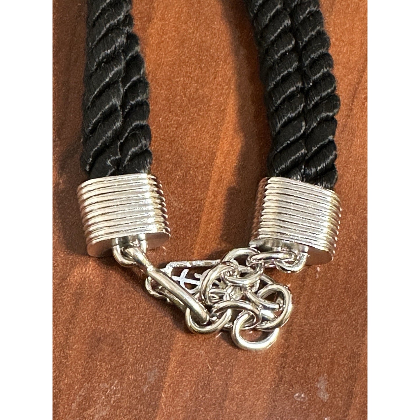 YSL Yves Saint Laurent Blue Crystal Statement Necklace Black Cord Silver Logo