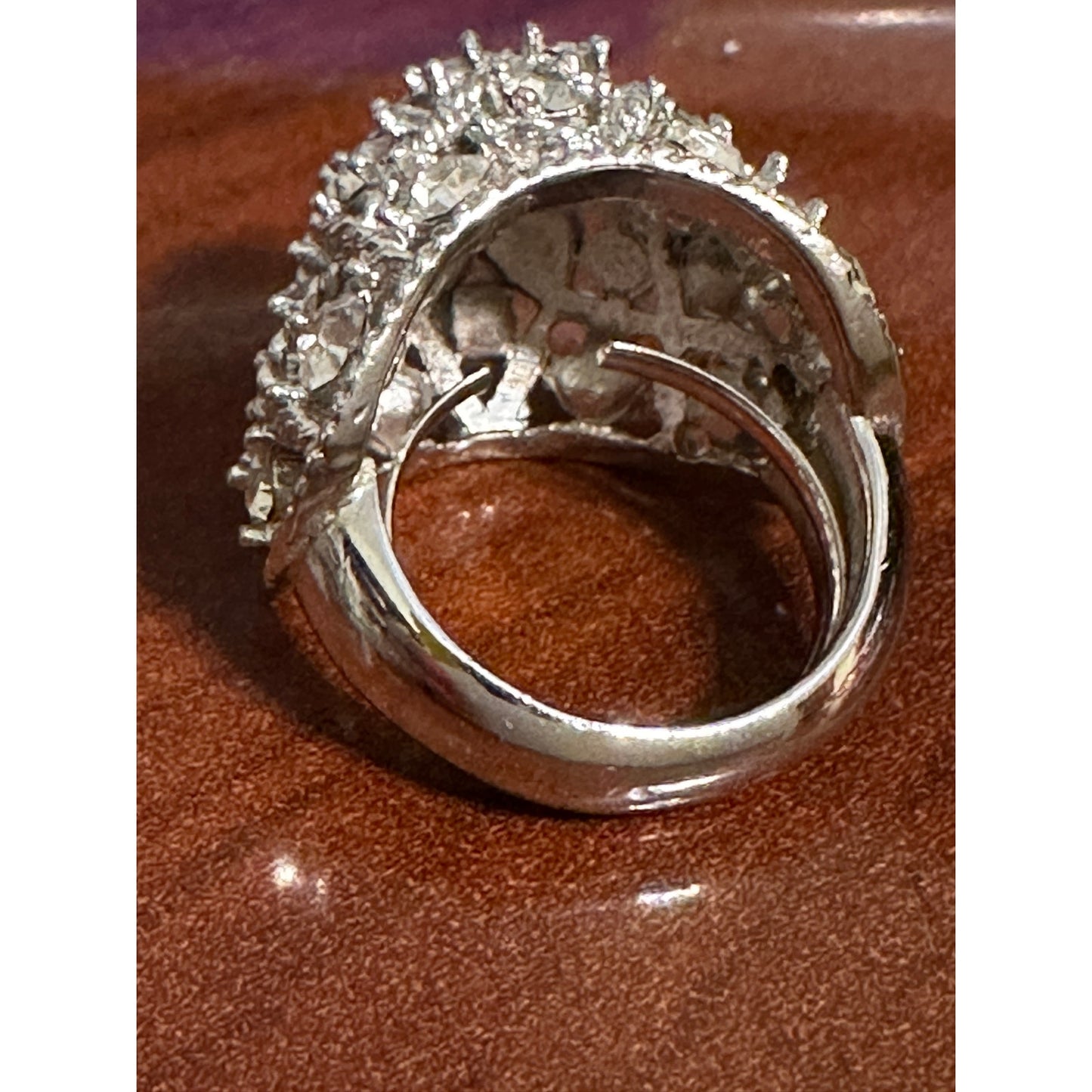 Vintage Crown Trifari Silvertone Rhinestone Chunky Adjustable Ring
