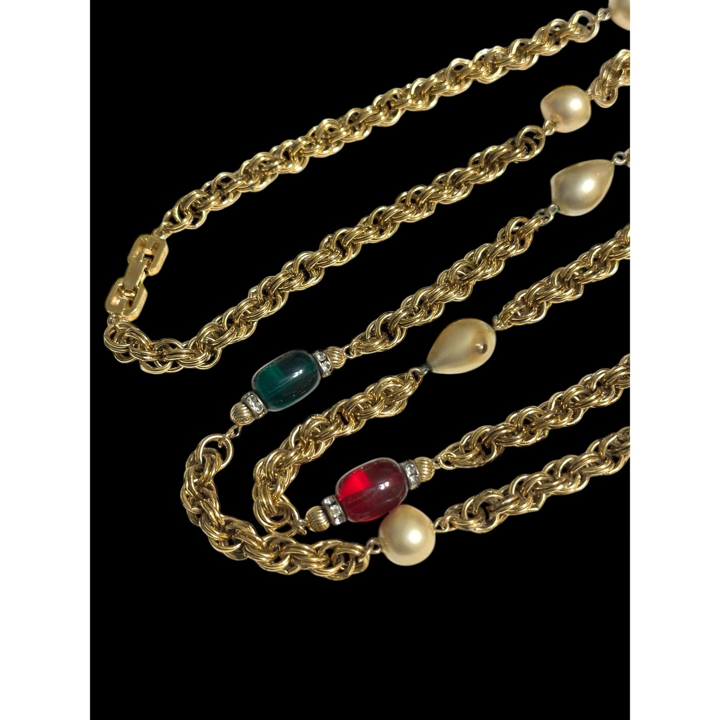 Vintage Givenchy Poured Glass Pate De Verre Gems & Pearls Sautoir Chain Necklace