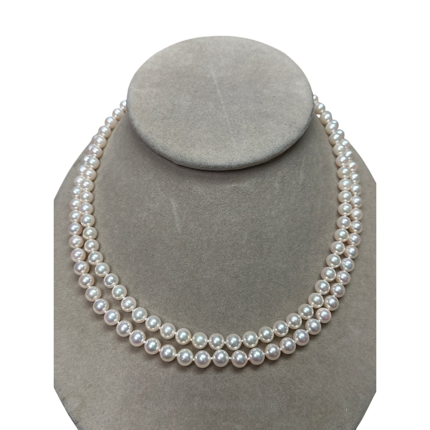 Vintage 14K 585 Gold Akoya 6mm Pearl Necklace Diamond Rope Clasp Double Strand