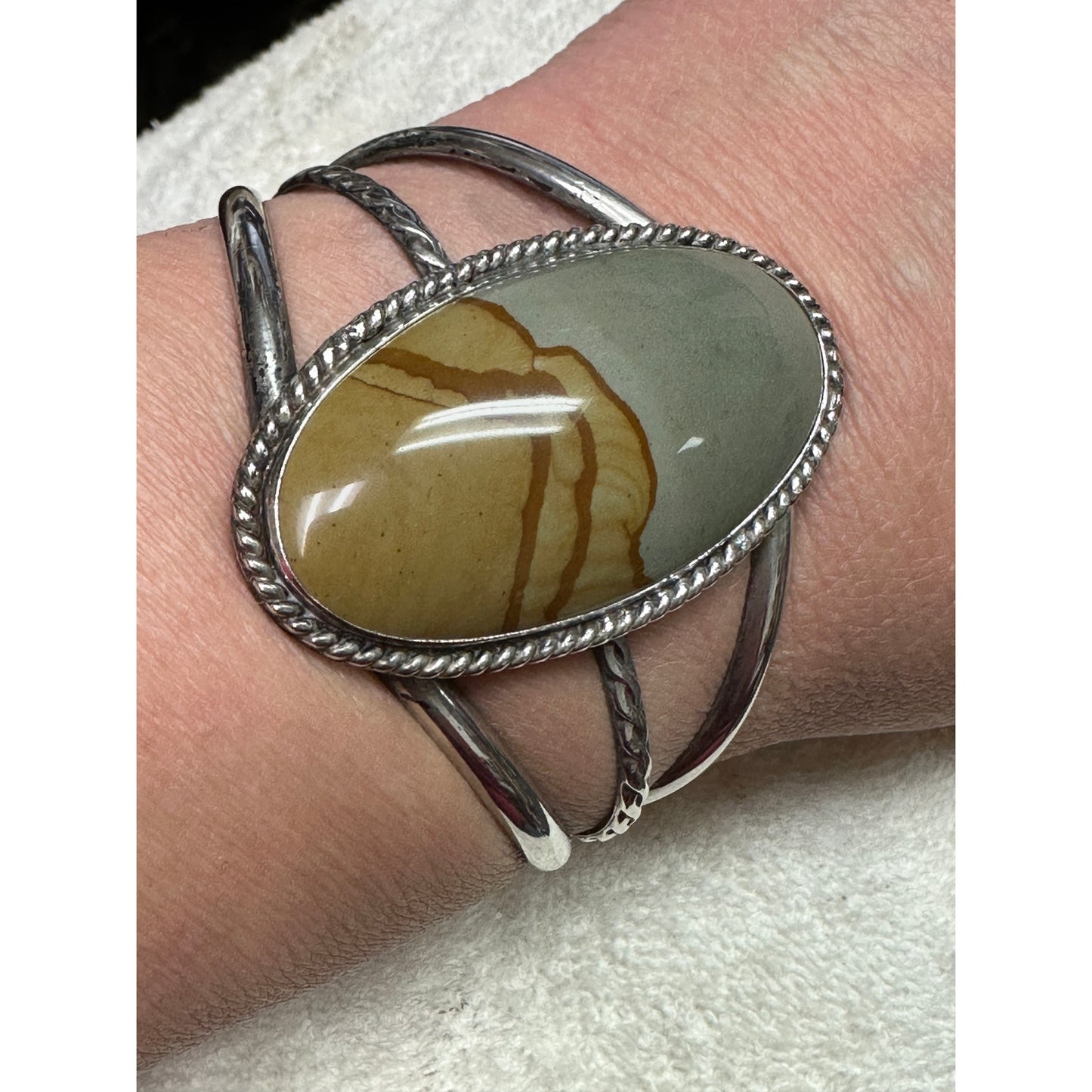 Vintage Wide Sterling Silver Native American Picture Jasper Cuff Bracelet