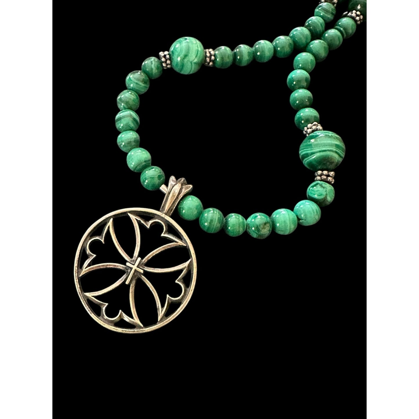 Lovely Malachite Beaded Necklace with Open Work Gothic Celtic CROSS Pendant
