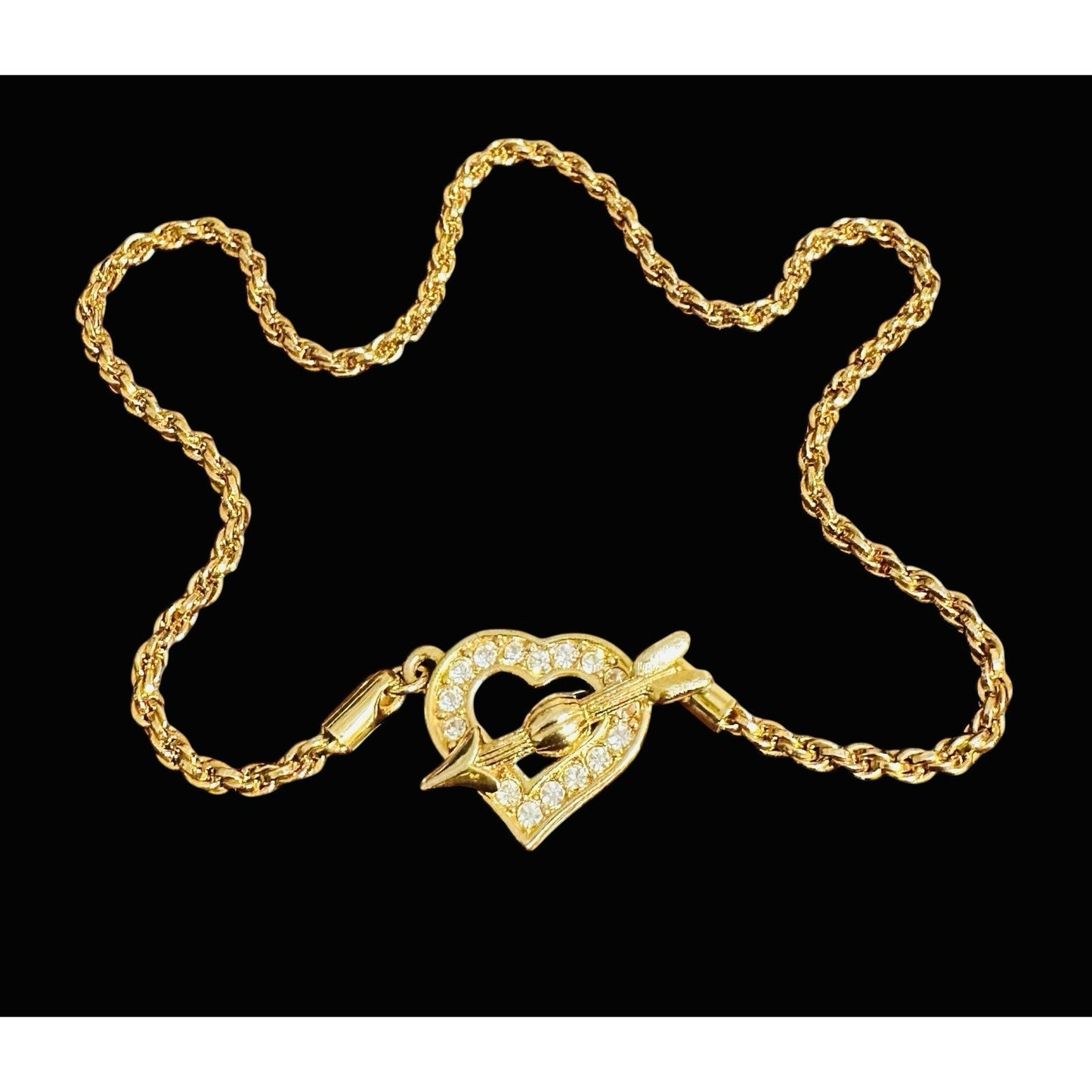 Swarovski Crystal Heart Pendant Necklace Choker Cupid’s Arrow Toggle Gold-Tone