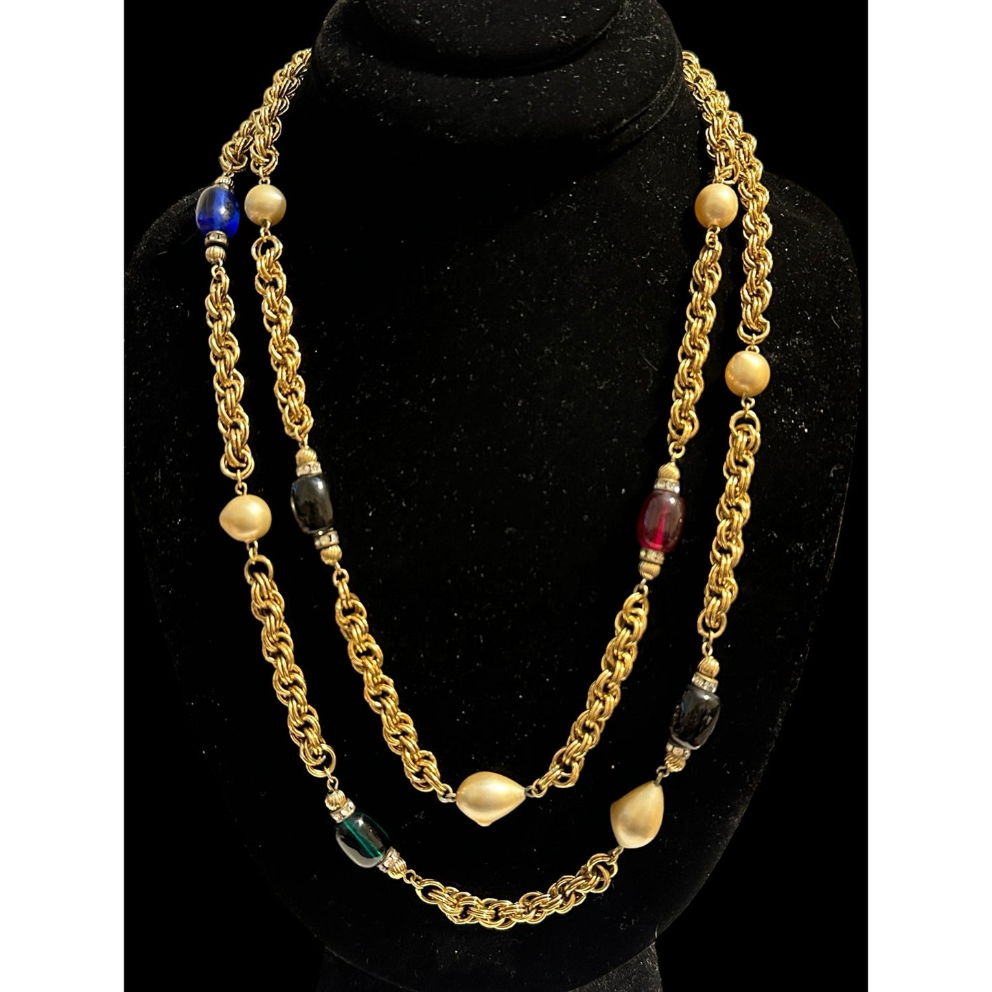 Vintage Givenchy Poured Glass Pate De Verre Gems & Pearls Sautoir Chain Necklace