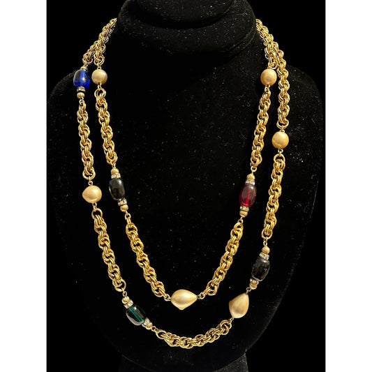 Vintage Givenchy Poured Glass Pate De Verre Gems & Pearls Sautoir Chain Necklace