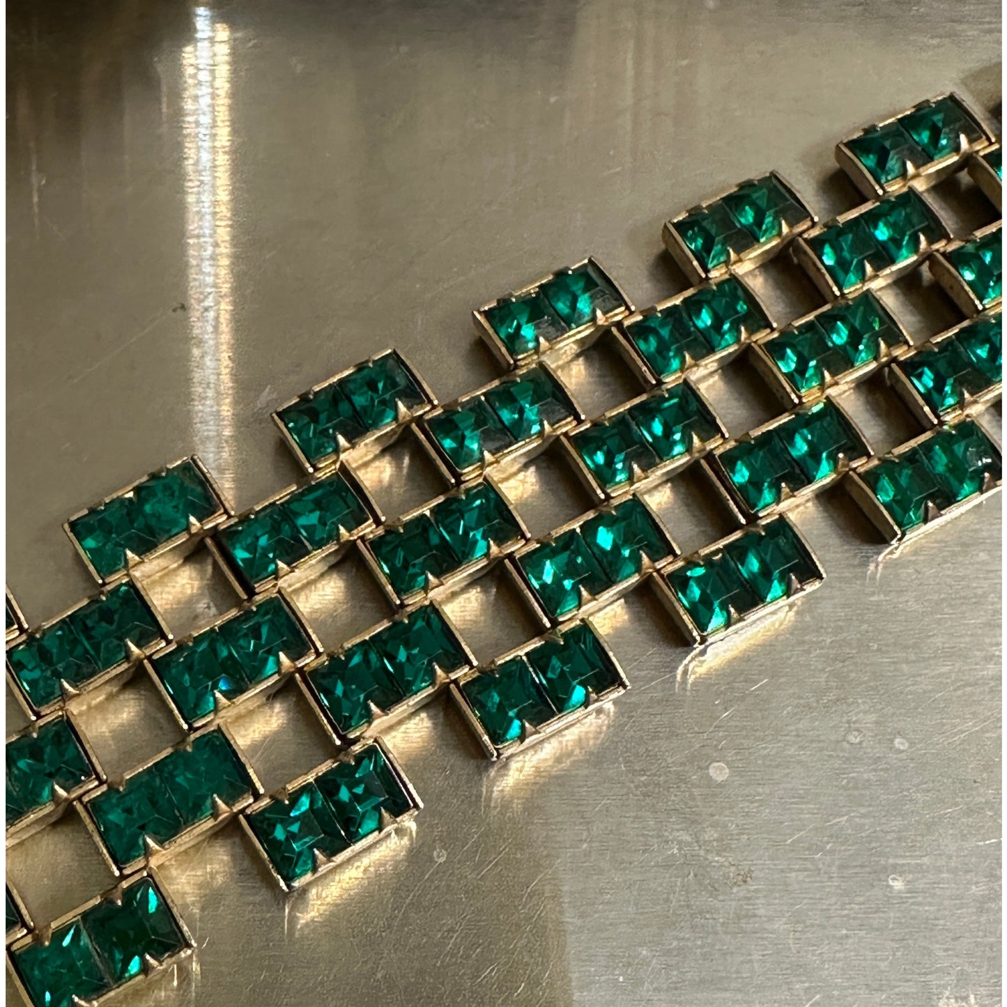 Vintage Green Square Wide Link Bracelet GoldFilled Clasp