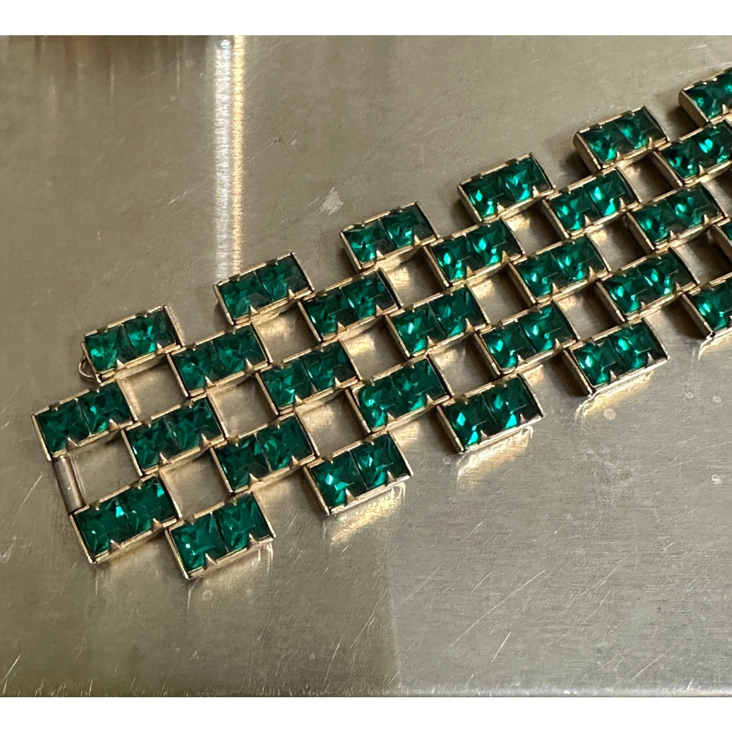 Vintage Green Square Wide Link Bracelet GoldFilled Clasp