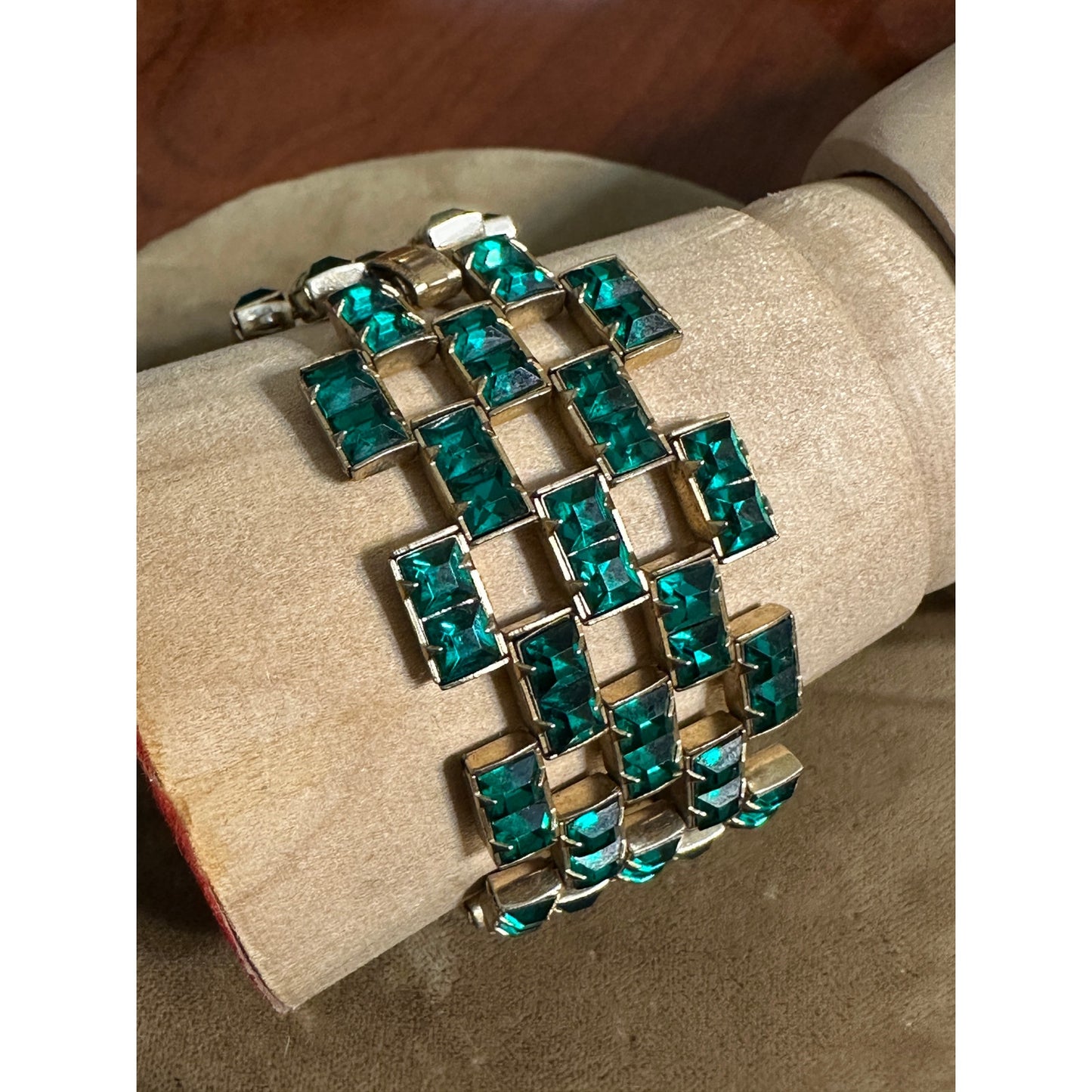 Vintage Green Square Wide Link Bracelet GoldFilled Clasp