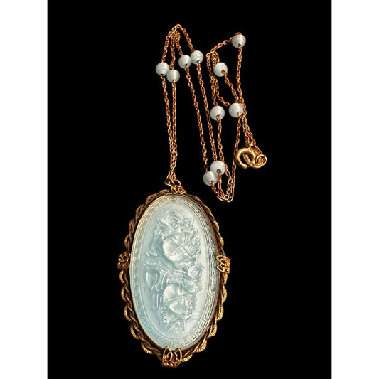 Vintage Czech Molded Glass Floral Pendant Necklace Made in Czechoslovakia