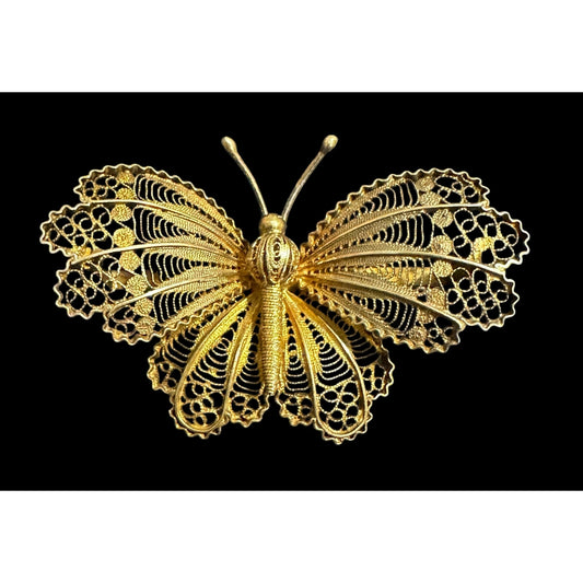 Vintage 800 Silver Gold Gilt Filigree Butterfly Brooch Pin