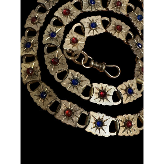 Antique Goldtone Watch Chain w/ Red & Blue Glass Stones – 17.5” Chatelaine or Fob Chain