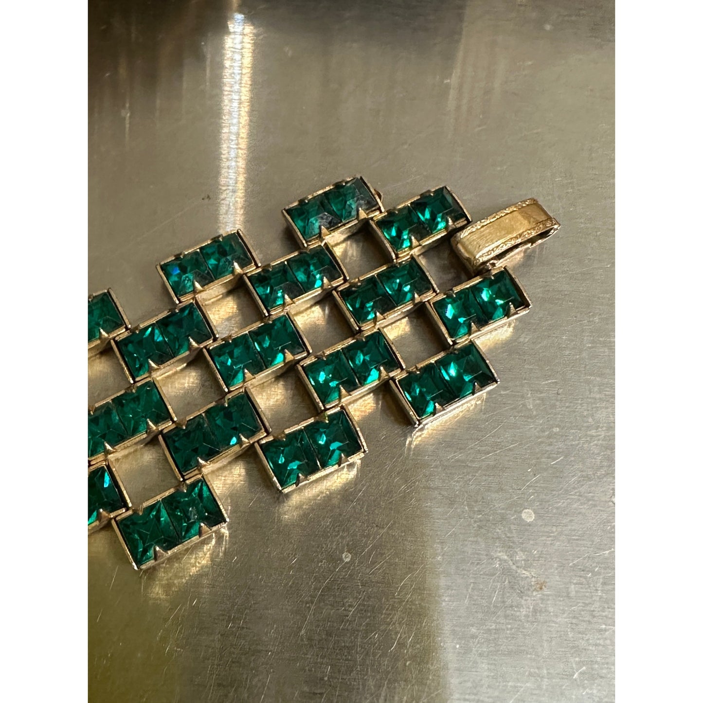 Vintage Green Square Wide Link Bracelet GoldFilled Clasp