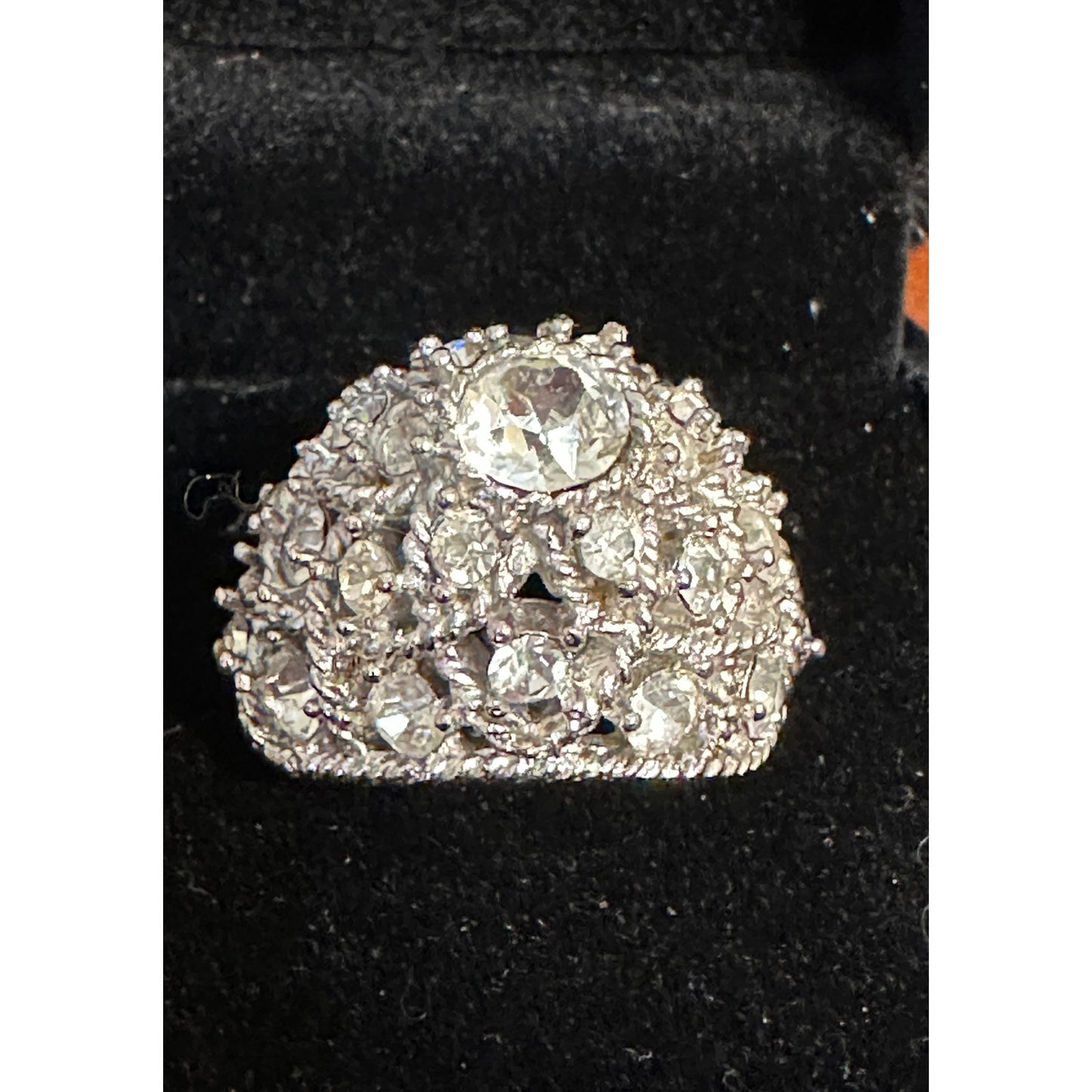 Vintage Crown Trifari Silvertone Rhinestone Chunky Adjustable Ring